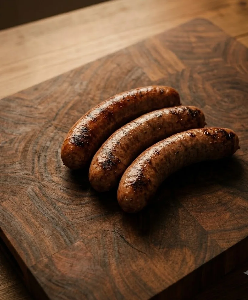Grilled sausages from the Waterhouse Farm store on a cutting board