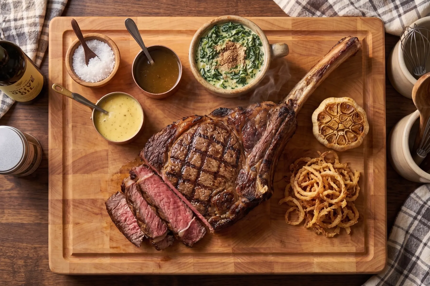Tomahawk steak on a cutting board with sides