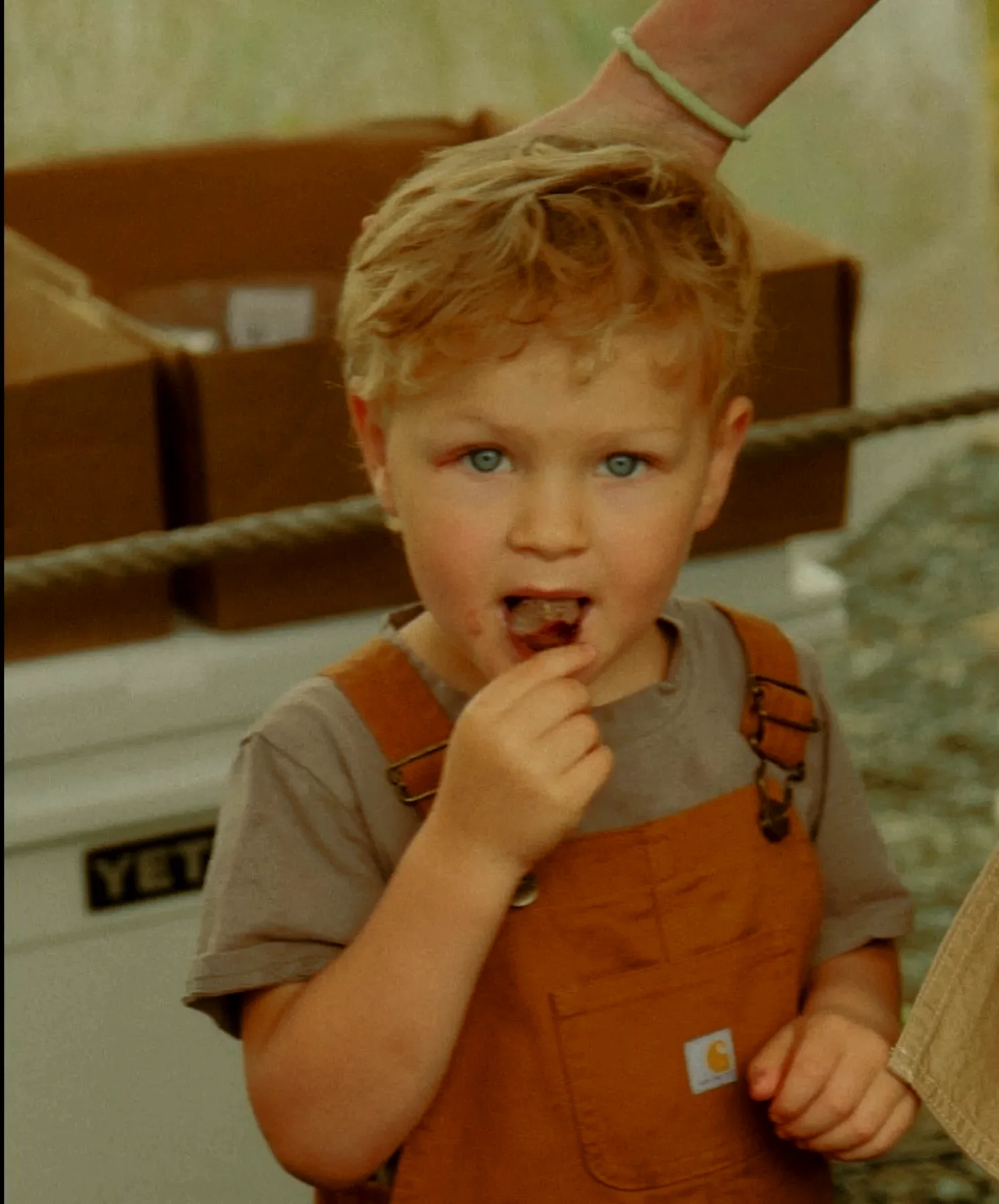 A young boy tasting steak from the Waterhouse Farm store