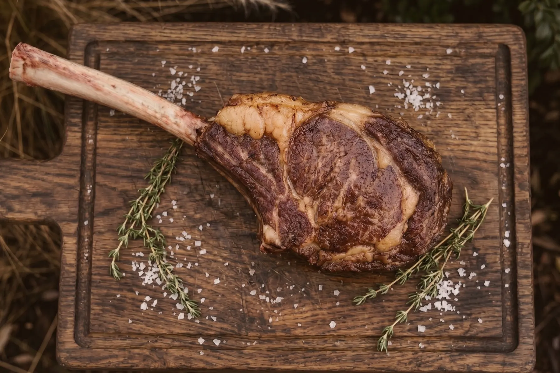 Tomahawk steak at the Waterhouse Farm store, seared with thyme and salt