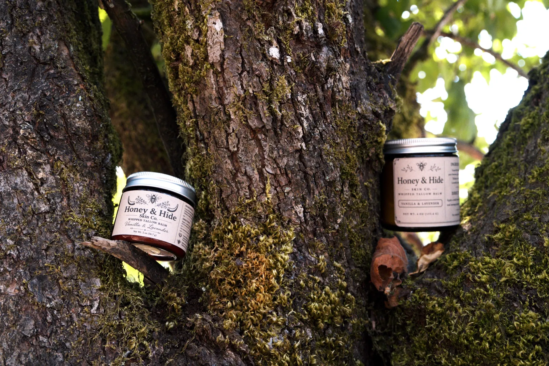 Honey and Hide tallow balm set in moss on the farm